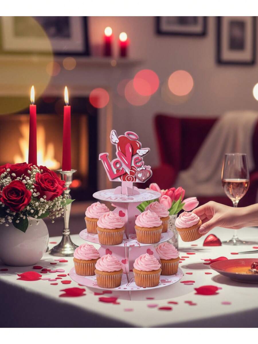 Soporte para cupcakes de 3 niveles con diseño de corazón de 15.6 pulgadas, torre de postre de cartón para fiestas, adecuado para bodas, aniversarios, centro de mesa para cenas románticas - Multicolor - Ver 1