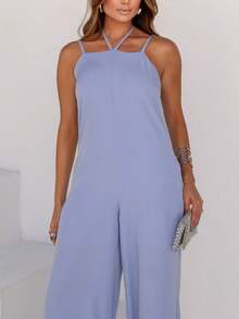 Women's Long Jumpsuit With Elegant Tie Detail - Serenity Blue - View 4