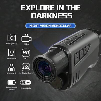 Kính nhìn đêm đơn, Camera hồng ngoại HD 1080P, Zoom quang học kỹ thuật số 10X, Kính viễn vọng săn bắn, Tìm kiếm ngoài trời, Hoàn toàn tối 300m, Pin sạc tích hợp, Thiết bị nhìn đêm nhỏ gọn cho săn bắn, cắm trại và giám sát