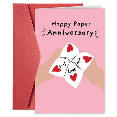 1pc Happy Anniversary Greeting Card – Romantic & Playful Design With Love Notes, Pink Background & Red Hearts, Perfect For Celebrating First Year Marriage Milestones For Husband, Wife, Or Partner, Romantic Gift | Heart Motif | Crafted With Love, Anniversary Gift For Couple
