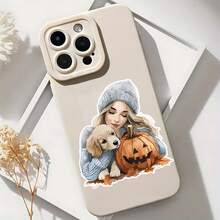 2026 nueva funda de teléfono esmerilada, funda de teléfono con diseño de calabaza de Halloween de niña y cachorro para iPhone 17 14 13 12 11 Pro Max  Galaxy S23 S22 S21 S20 Ultra protector de teléfono funda de pareja regalo para novio novia regalo de vacaciones - Blanco antiguo - Ver 6