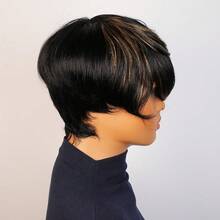 优雅的1B/30精灵短发假发，女士款 - 直发真人发假发，带刘海，短款层次直发造型，自然黑棕混色，无需胶水即可轻松佩戴，多色设计，适合所有人，6英寸舒适玫瑰网帽，无需胶水，完美适用于日常佩戴、派对、圣诞节、新年以及K-Pop等场合。 - 彩色 - 查看 5