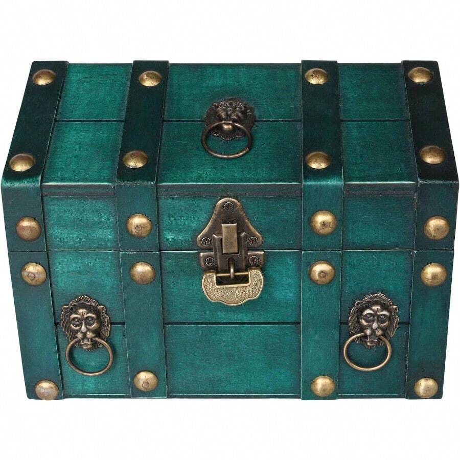 HAWTVintage Wooden Treasure Chest Jewelry Storage Box With Lock Classical Storage And Decorative Box Large Capacity Vintage Decorative Box Jewelry Storing Storage Organizer For Home Decoration Green - Green - View 1