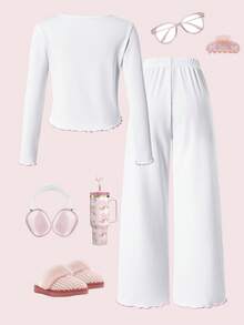 Sweet Girl Solid Color Bow Girl Home Set, Fashionable And Elegant Crew Neck Long-Sleeved Slacks Two Pieces Set, Very Suitable For Spring And Autumn Winter Home Daily Wear - White - View 3