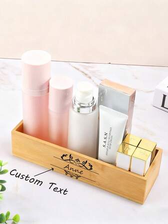 1 pieza Organizador de maquillaje de bambú con texto personalizado - Caja de almacenamiento abierta, adecuada para accesorios de baño, organización de escritorio de oficina y decoración del hogar