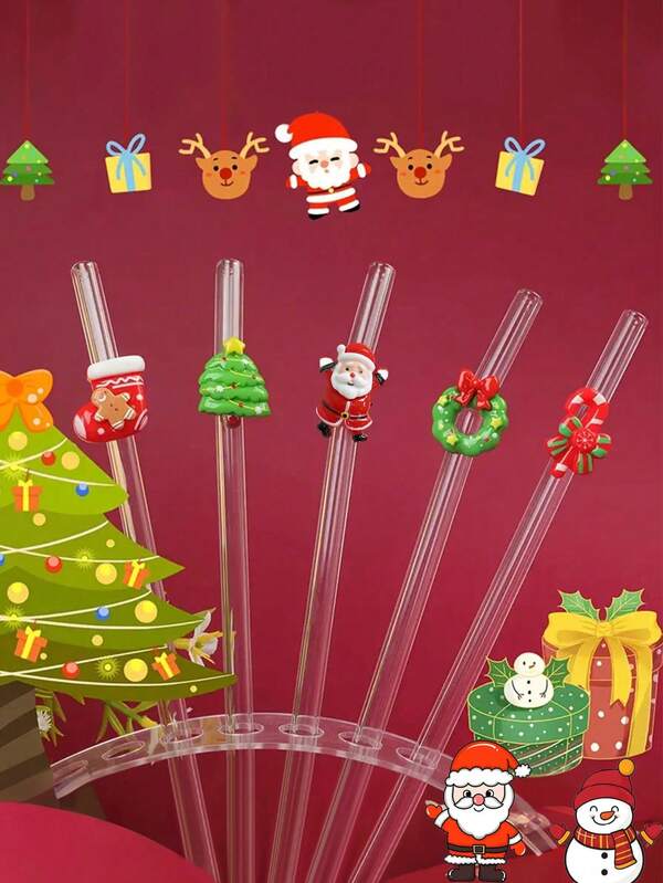 5 canudos de vidro reutilizáveis com tema natalino, incluindo bengala de doces, árvore, guirlanda, meia e designs de Papai Noel, adequados para copos de 20 oz, presente ideal para festas, casamentos, Ação de Graças, Natal, praia e feriados, vidro de alta qualidade, canudos para vários pacotes, planejadores de festas, compradores de presentes (estilos sortidos aleatoriamente)