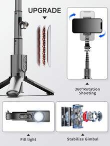 TOKQI 360°旋转智能手机三脚架稳定器，带可调节灯光、蓝牙遥控器，兼容安卓和iOS系统，适用于度假、旅行、聚会、户外活动、直播、摄影、视频录制、Vlog等场景。 - 彩色 - View 9