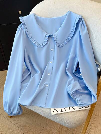 Plus Size Women's Fashion Everyday Commute Versatile Ruffle Collar Lantern Sleeve Single-Breasted Blue Shirt, Elegant Blouse For Women, Suitable For Vacation, Office, Spring