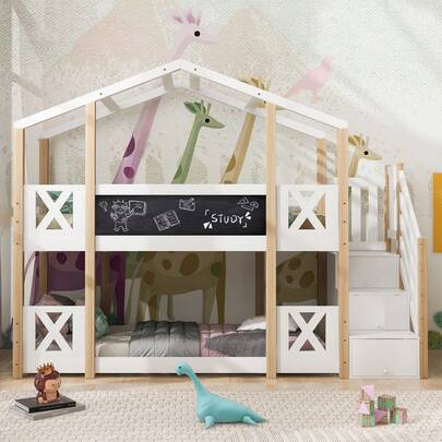 Bunk Beds 90 X 200 Cm, Treehouse Single Bed With Storage, Stairs And Anti-Fall Rail, Top Bunk – 2x Rust-Colored Panels – Natural & White