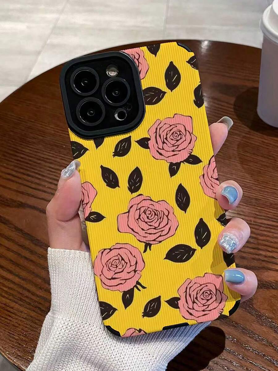 1件装 时尚创意PU皮革全屏粉色玫瑰叶子拼接图案手机壳 兼容三星/兼容 11、12 Pro Max、14 Pro Max、15、16/16 Pro、17/17 Pro及其他型号 - 彩色 - 查看 1