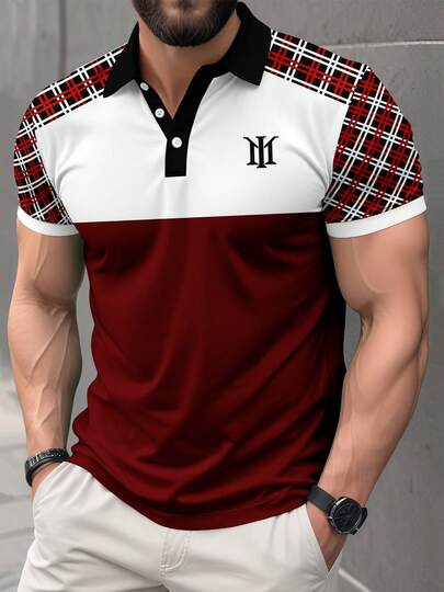 Men's Plaid Patchwork Polo Shirt With Turndown Collar And Button Half Placket, Casual And Versatile For Spring/Summer