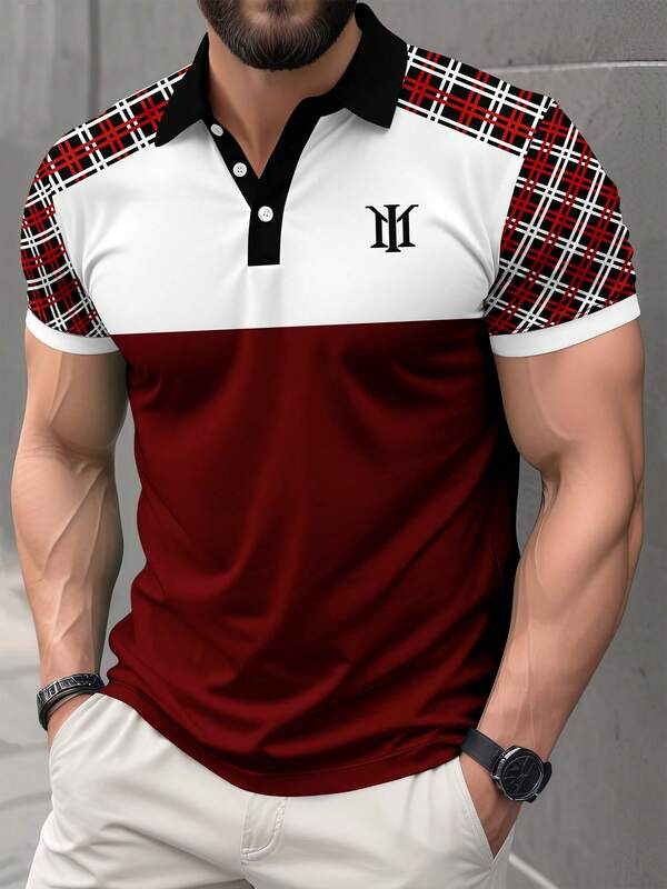 Men's Plaid Patchwork Polo Shirt With Turndown Collar And Button Half Placket, Casual And Versatile For Spring/Summer