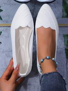 2026 Nuevos zapatos planos de mujer de primavera/verano con puntera puntiaguda y sin talón, de punto a rayas, zapatos tipo mocasín de estilo bohemio de unicolor clásico, zapatos planos de punto casuales y cómodos, adecuados para vacaciones, fiestas, hogar, oficina, actividades al aire libre, todas las estaciones - Blanco - Ver 7