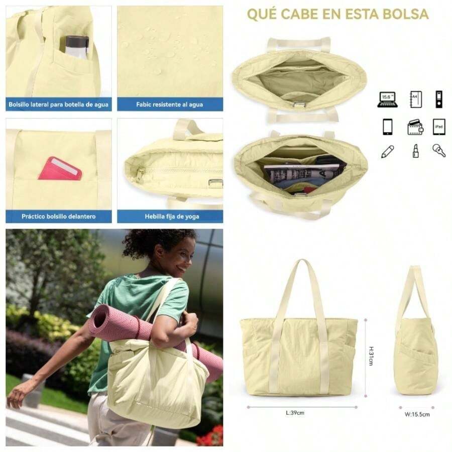 Bolso Tote Para Mujer, Bolso Bandolera Con Hebilla Para Esterilla De Yoga, Adecuado Para Gimnasio, Lugar De Trabajo - Beis - Ver 1