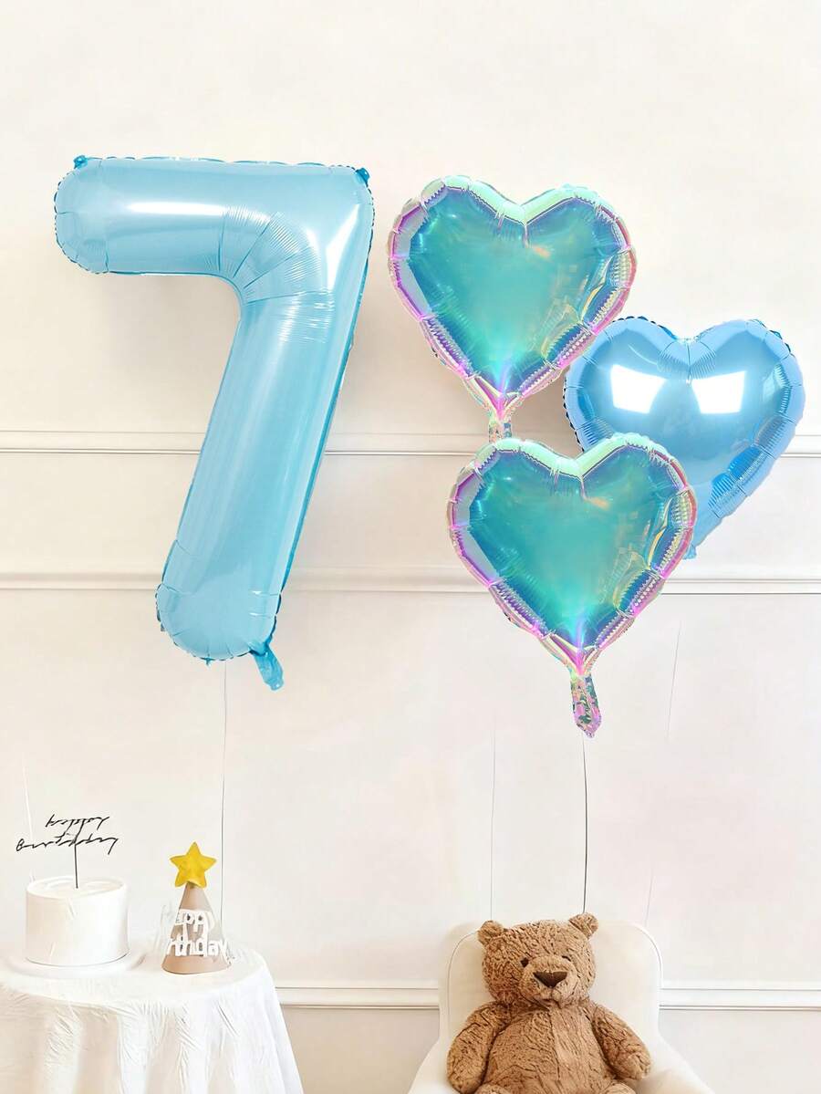 4pcs Blue Birthday Number Balloon Set, Includes 32-Inch Pearl Blue Number Balloons, Light Blue Heart Foil Balloons, Mirror Heart Balloons, Suitable For Birthday, Party, Valentine's Day, Anniversary, Party Decoration, Baby Shower, Photo Shoot, Princess Theme Birthday, Heart Theme Birthday, Scene Decoration, 1-9 Years Old Birthday - Baby Blue - View 1