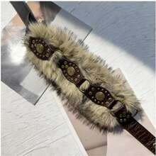 1pc Women's Coffee Color Retro Personalized Rabbit Fur PU Leather Warm Niche Waist Belt Fall, Autumn, Halloween - 咖啡 - 查看 1
