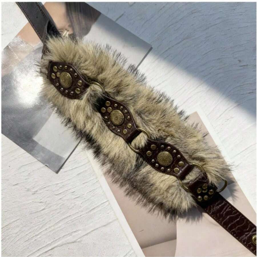 1pc Women's Coffee Color Retro Personalized Rabbit Fur PU Leather Warm Niche Waist Belt Fall, Autumn, Halloween - 咖啡 - 查看 1