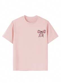 Young Girl Casual Graphic Print Crew Neck Short Sleeve T-Shirt, Summer Top - Pink - View 7