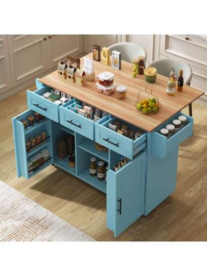 139x46(71)X91.5 Cm Large Esswagen/Anrichte, Korpus Blau Arbeitsplatte In Massivholzmaserung, Klappbare Arbeitsplatte, Ablagetür, Rollen, Auswechselbare Massivholzfüße, Geeignet Für Esszimmer, Küche