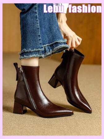 Qiluyuan Dammode korta stövlar, nya eleganta enfärgade västerländska stövlar med dragkedja i sidan, sexiga spetsiga tår och höga klackar, lämpliga för kontor, semester, casual, shopping, mångsidiga