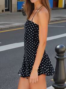 Women's Dots Print Mini Dress Sleeveless Spaghetti Strap A-Line Dress Summer Casual Dress - 深海黑 - 查看 10