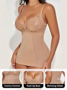 女士蕾丝拼接吊带塑身背心，收腹提臀，无缝塑形内衣，可作内搭或叠穿 - 杏色 - 查看 3