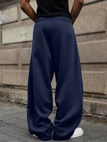 男士纯色抽绳腰带口袋宽松休闲运动裤，灰色宽松版型运动裤 - 藏蓝色 - 查看 6