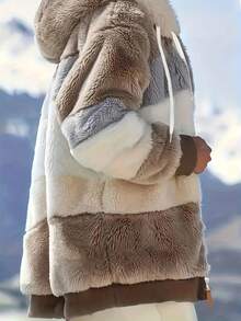 Women's Winter Casual Plaid Lined Hooded Regular Jacket, Warm Autumn/Winter Outerwear With Zipper Closure, Multi-Color Patchwork Design, And Fluffy Lined For Cozy Warmth, Cozy Winter Wear | Elegant Outerwear, Christmas Outfit, Local Warehouse - Khaki - View 3