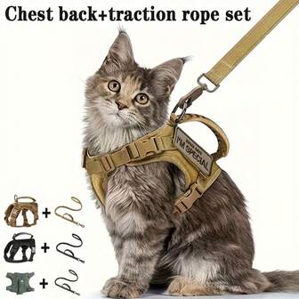 两件套尼龙猫咪胸背带和牵引绳套装，背心式可调节牵引绳，防逃脱设计，适合户外遛猫