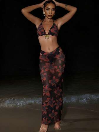 New 3pcs/Set Women's Tropical Print Bohemian Halter Tie Backless Bikini Swimsuit And Skirt Cover Up Set, Summer