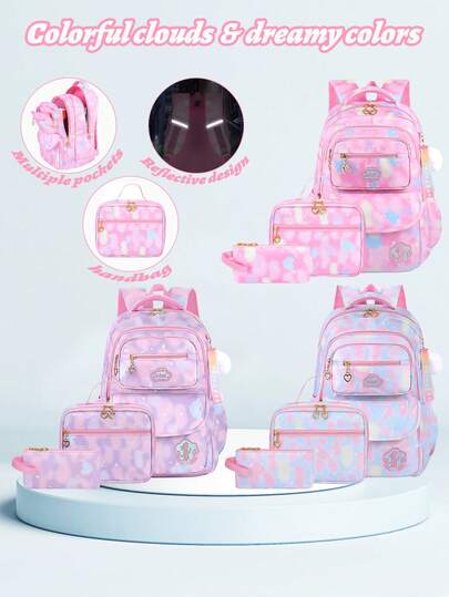3 stycken/set Skolryggsäck för flickor med matsäck och pennfodral, utomhusreseväska, stor kapacitet Lätt skolväska för studenter, oumbärlig till skolan, lämplig för tonårsflickstudenter i skolan och daglig användning