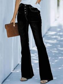 Quần jeans ống loe cạp trung, màu trơn, co giãn dành cho nữ - Thanh lịch và gợi cảm, phù hợp cho cả mặc thường ngày và mặc ở nhà. - màu đen - Xem 5