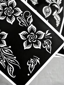 4张花卉临时纹身贴纸 - 性感花卉图案，适用于手部、DIY彩绘，可重复使用，适用于女性身体彩绘和曼海蒂图案 - 黑色 - 查看 8