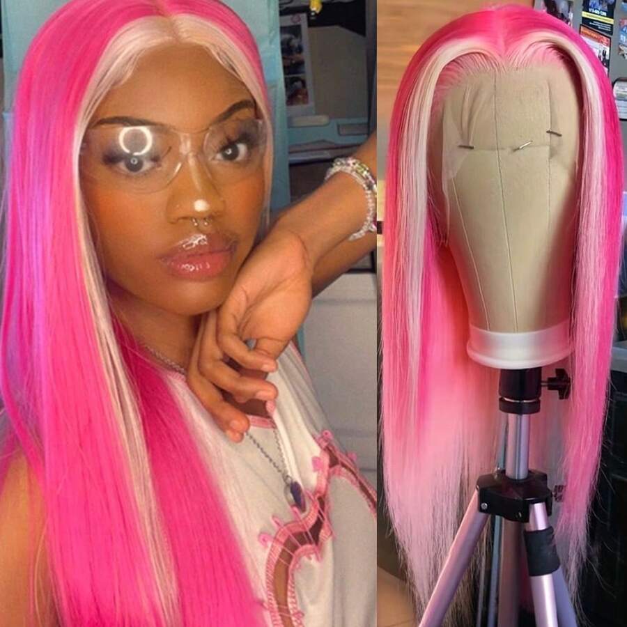 13X4 Pink & Brown Lace Front Wigs Pre Plucked Soft Free Part Long Straight Wigs Glueless Pink Skunk Stripe Wig Wear And Go Wig Heat Resistant Fiber Hair Synthetic Lace Front Wigs For Fashion Women For Daily Christmas Party Cosplay Use - 挑染金色 - 查看 1