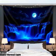 1pc Moon Waterfall Blue - Glowing Under UV Black Light Tapestry Oversized Fluorescence Tapestry Polyester, Room, Dorm, Living Room, Home Furnishings, Party Decorations, Free Installation Package, No Electricity Needed - Blue - View 3