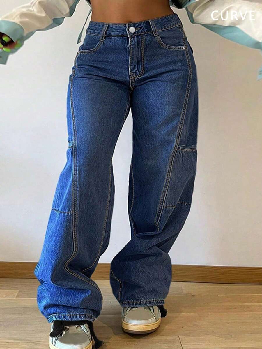 Quần jean denim ống đứng cạp chun kiểu retro Y2K dành cho nữ cỡ lớn – Kiểu dáng cơ bản, đa năng và thời trang cho mùa hè. - Rửa tối - Xem 1