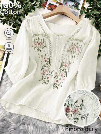 Plus Size Women Vintage Embroidered Casual Blouse, Suitable For Vacation