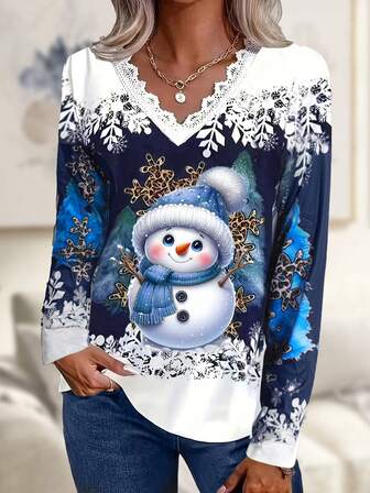 大码女式圣诞雪人 3D 印花长袖 T 恤 - 休闲 V 领蕾丝花边，弹性涤纶混纺，可机洗
