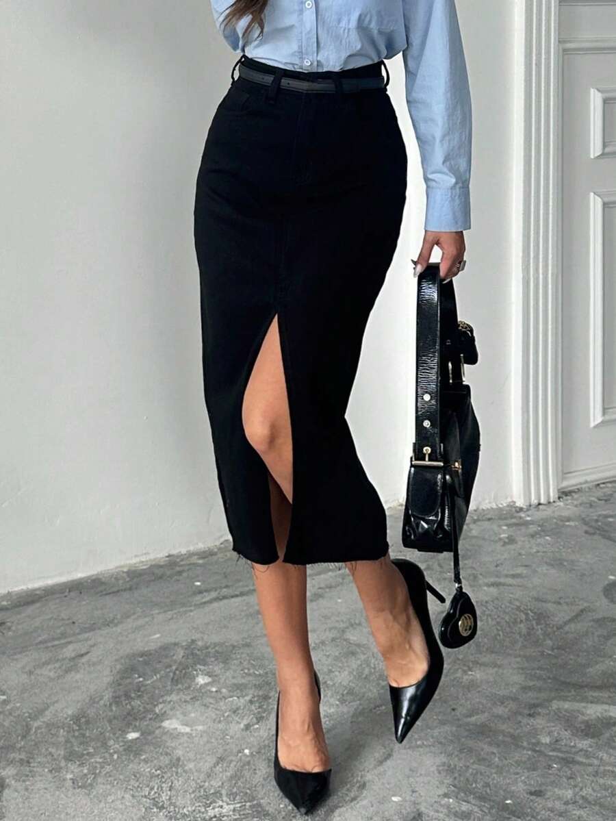 Solid Color High Slit Fitted Elegant Fashionable Skirt - Black - View 1