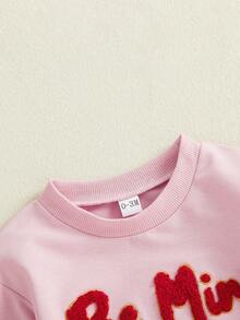 Mono de San Valentín para niña, manga larga, cuello redondo, bordado con letras, conjunto de primavera - Rosa - Ver 6