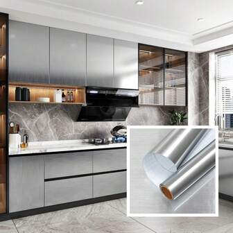 1 Roll Silver Stainless Steel Contact Paper Waterproof Removable Metallic Silver Wallpaper Peel And Stick Vinyl Self-Adhesive Wallpaper For Countertops Appliances Kitchen Cabinet Bedroom Dormitory Furniture Renovation Wallpaper Home Decor