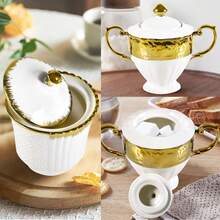 一套带盖金色装饰的糖罐，12盎司陶瓷糖罐，优雅浮雕金色把手，适用于咖啡吧，白色厨房装饰配件，陶瓷食品储物罐，带盖，可用于盛放咖啡粉、茶叶、糖、香料等。 - 彩色 - 查看 10