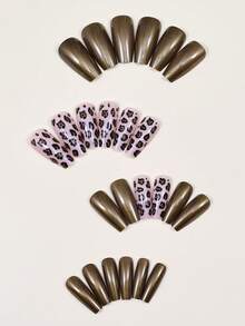 24片装奢华金色豹纹美甲贴片，长棺材形假指甲，秋冬美甲装饰用品 - 金色 - 查看 2