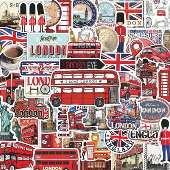 56 piezas Pegatinas de autobús rojo de Londres con graffiti - Vinilo impermeable, adecuado para portátiles, patinetas, guitarras, maletas, etc. - Regalos decorativos DIY de estética urbana