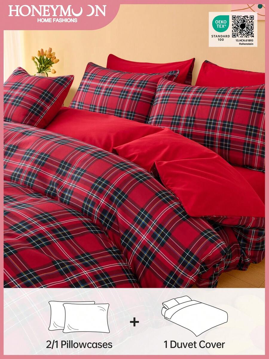 Bộ ga trải giường 2/3 món họa tiết kẻ caro đỏ (1 ga trải giường + 1/2 vỏ gối, không bao gồm chăn bông), bộ đồ giường trang trí thời trang, vật dụng thiết yếu cho phòng ngủ và ký túc xá, đạt chứng nhận Oeko-Tex. - Nhiều màu - Xem 1