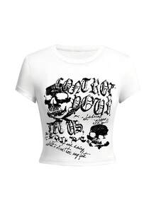 圆领短袖T恤，美式辣妹风，夏季新款卡通图案字母印花，修身短款女式上衣 - 白色 - 查看 3