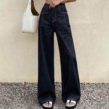 Livesso 女式高腰口袋阔腿宽松休闲百搭牛仔裤 - 藍色 - 查看 6