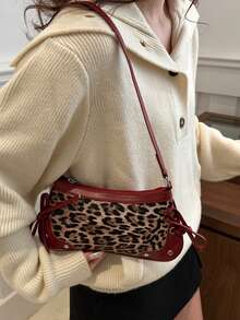 新款极简时尚豹纹装饰单肩包，撞色设计。可折叠腋下包、法棍包、单肩包、商务通勤包，酒红色，适合外出、购物、工作、聚会、度假、短途旅行等场合。 - 酒紅色 - 查看 2