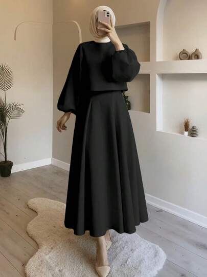 2025新款优雅A字连衣裙，纯色女式上衣和吊带连衣裙两件套，秋冬款