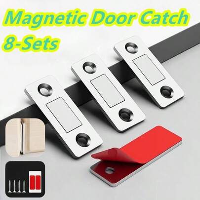64-Piece (8 Sets) Heavy Duty Ultra-Thin Self-Adhesive Magnetic Cabinet Locks - Drill-Free Magnetic Bolts, Anti-Theft Locks For Wardrobes, Closets, Refrigerators, Cabinets - Strong Magnetic Closure Strip (Easy To Install)